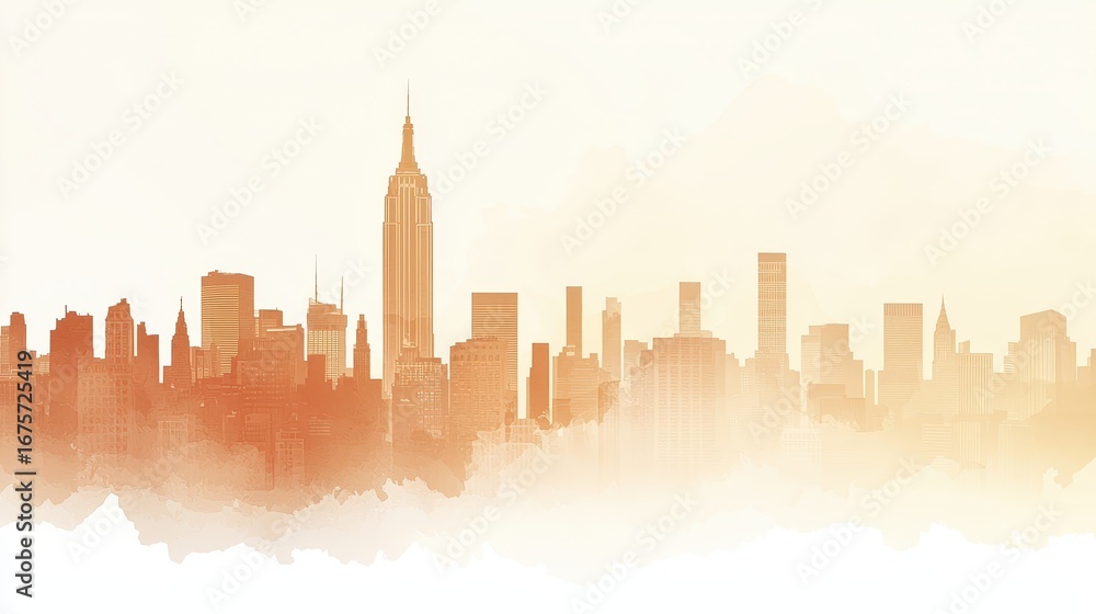 Obraz premium City Skyline at Sunset with Warm Tones and Soft Background Effects