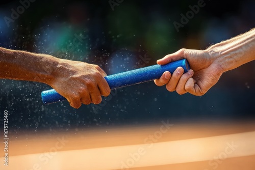 Close-up of two hands exchanging a blue relay baton during a race with sweat and motion blur capturing intensity