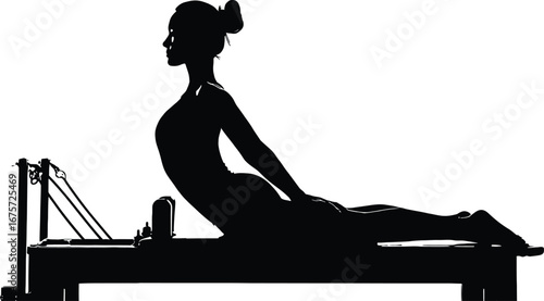 Black and White Silhouette of Person Performing Swan Exercise on Pilates Reformer Machine, Depicting Prone Position with Extended Arms and Lifted Upper Body — Minimalist Vector Illustration