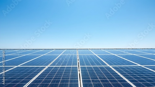 Rooftop solar panels under a clear blue sky, representing clean energy and sustainable technology.