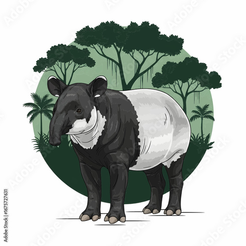 Malayan Tapir Vector Illustration with Rainforest Habitat