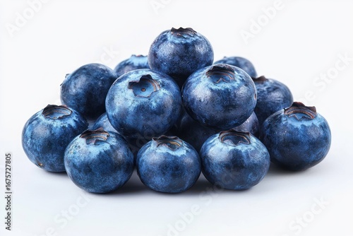 Close-up view of a small pile of fresh, ripe blueberries with vibrant blue color and smooth texture on a white background