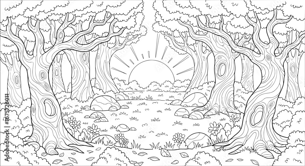 Naklejka premium Forest scene with sunset and trees on transparent background