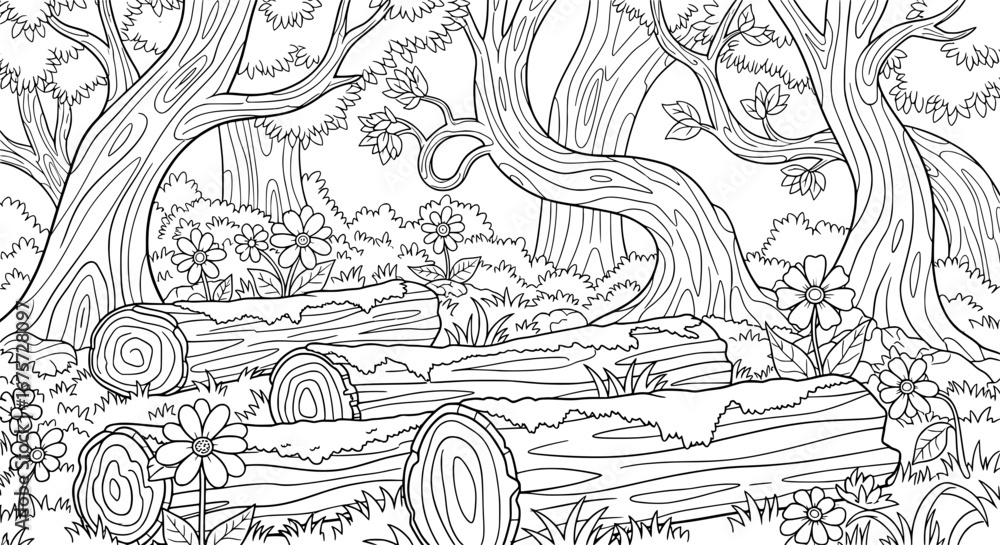 Obraz premium Seamless pattern of cut tree logs and flowers with transparent background
