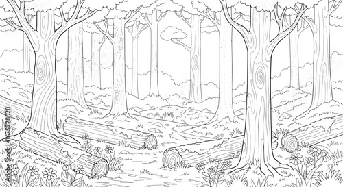 Forest scene of tall trees and fallen logs with transparent background