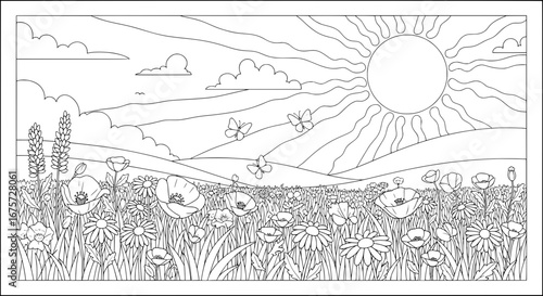 Flower field with butterflies and sun with transparent background