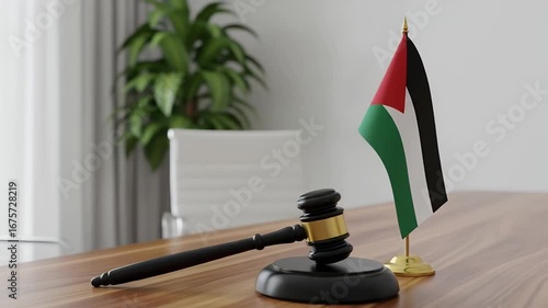 A gavel and a Palestinian flag stand on a polished wooden desk in a blurred office setting, symbolizing justice and national identity.
