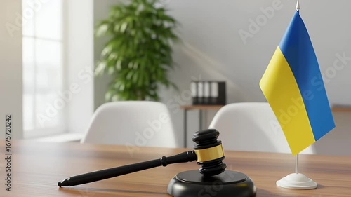 A judge's gavel and a small Ukrainian flag on a wooden desk, symbolizing justice and law in Ukraine.