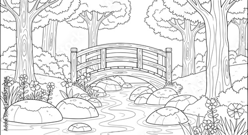 Stream with bridge and rocks in a pond with transparent background