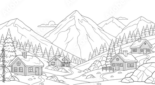 Mountain village with houses and trees on scenic landscape