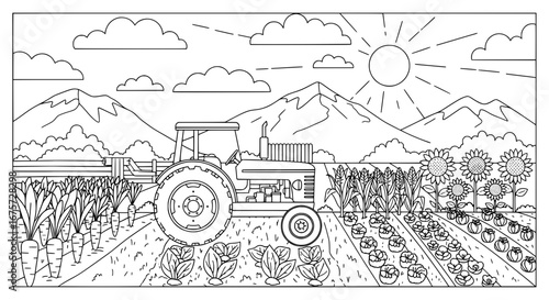 Farm scene with tractor and mountains with transparent background