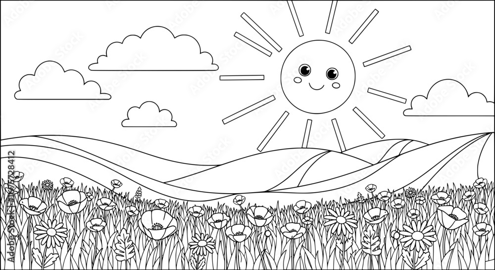 Obraz premium Cute smiling sun with clouds above a flower field with transparent background