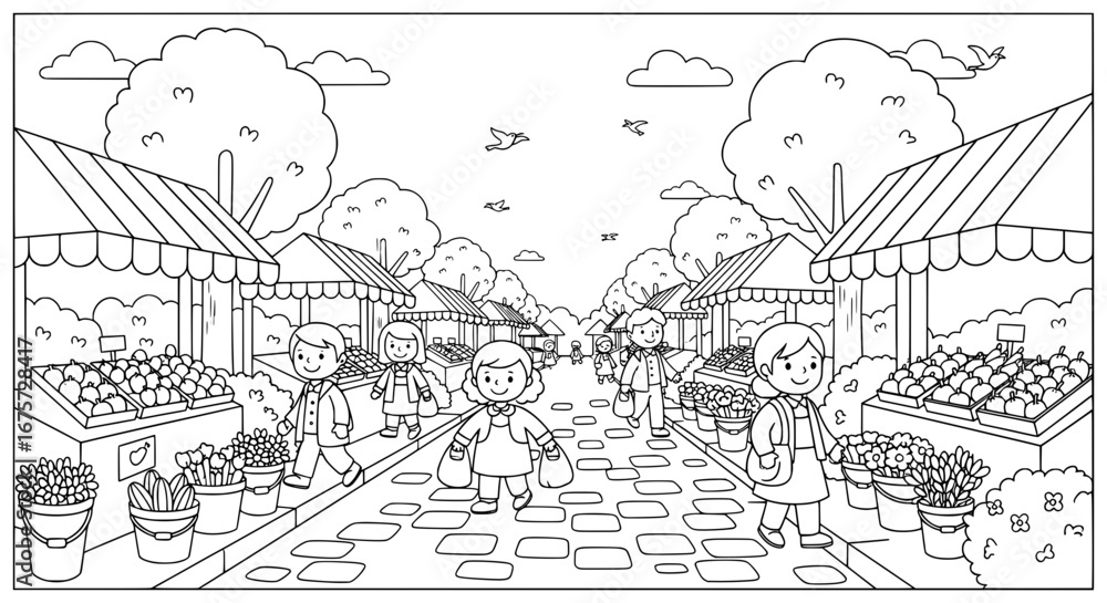 Obraz premium Marketplace scene with shoppers and vendors on a street with transparent background
