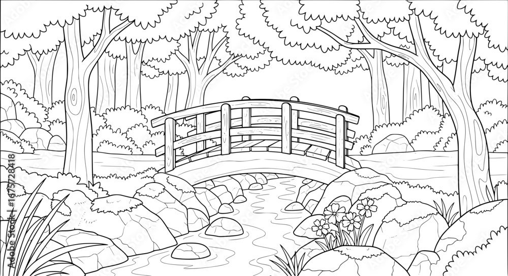 Fototapeta premium Scenic park with bridge and flowing stream with transparent background
