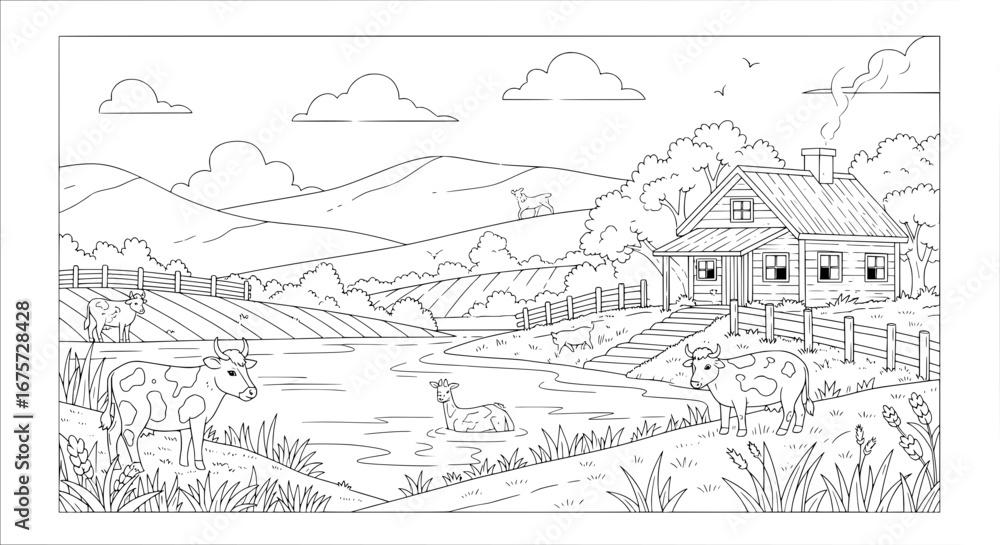 Fototapeta premium Rural countryside landscape with farm house and animals with transparent background