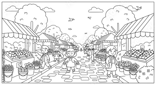 Marketplace scene with shoppers and vendors on a street with transparent background