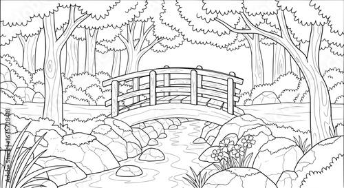Scenic park with bridge and flowing stream with transparent background