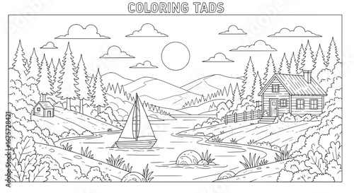 Scenic mountain landscape with houses and sailboat with transparent background
