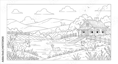 Rural countryside landscape with farm house and animals with transparent background