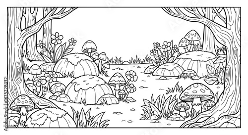 Mushroom forest scene with transparent background