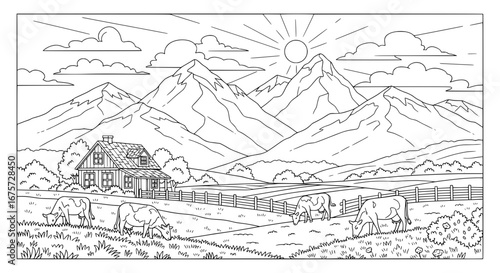 Mountain landscape with house and grazing cows with transparent background
