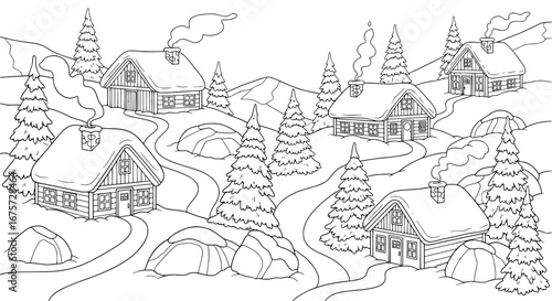 Mountain cabins with trees and winding paths on transparent background