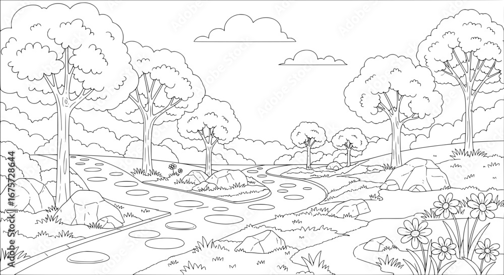 Fototapeta premium Scenic landscape with trees, rocks, and flowers with transparent background