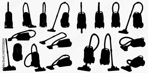 Collection of upright and canister vacuum cleaner silhouettes in various positions.