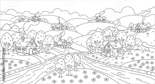 Scenic hillside village with transparent background