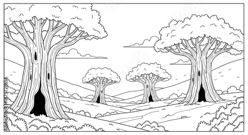 Line art of large trees with transparent background