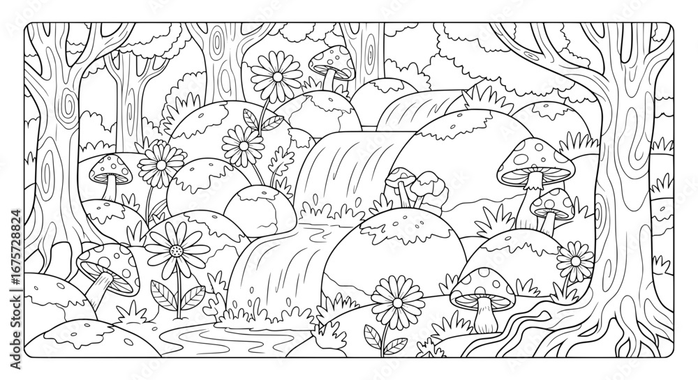 Naklejka premium Mystical forest scene with mushrooms and flowers with transparent background