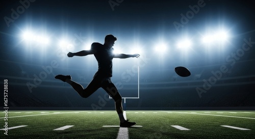 American football kicker silhouette in a stadium spotlight, action shot