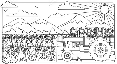 Farm landscape with tractor and crops with transparent background