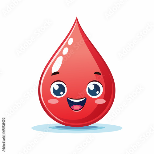 A cheerful and friendly cartoon blood drop character smiling. This cute mascot illustration is ideal for health, medical, and blood donation themes