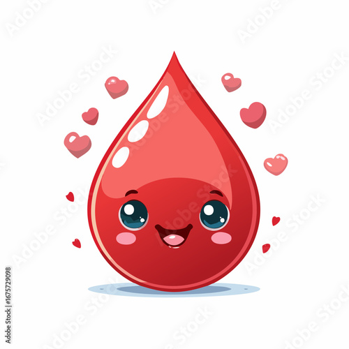 Adorable red blood drop character with a cheerful smile and big eyes, surrounded by loving hearts. A positive concept for healthcare and charity donation