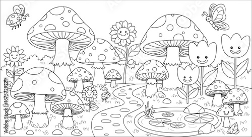 Whimsical forest scene with mushrooms, flowers, and pond with transparent background