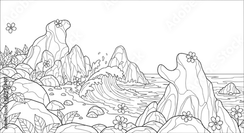 Coastal landscape with waves and rocky cliffs with transparent background