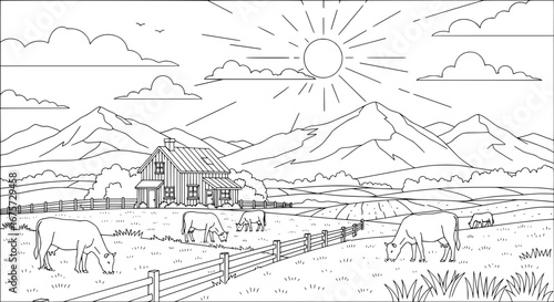 Rural landscape with mountains and grazing cows with transparent background