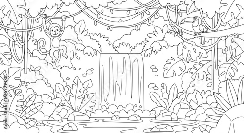 Jungle scene with waterfall and animals with transparent background