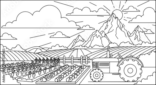 Farm landscape with mountains and tractor with transparent background