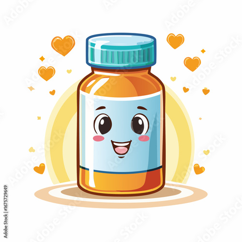 Cute Kawaii pill bottle character with a happy smiling face, a charming vitamin container mascot illustration surrounded by hearts