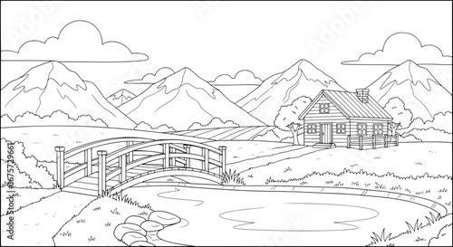 Mountain landscape with wooden house and bridge with transparent background