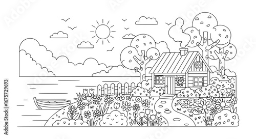 Scenic landscape with house trees and flowers with transparent background