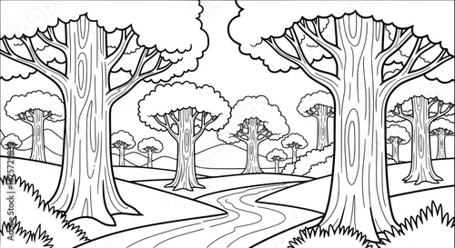 Scenic forest landscape with trees and winding path with transparent background