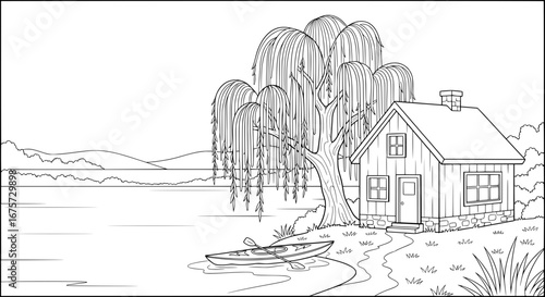 Lakeside cabin with flowing willow tree and boat with transparent background