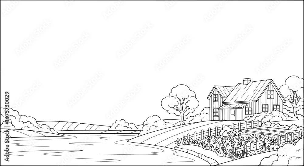 Obraz premium Rural landscape with house trees and garden with transparent background