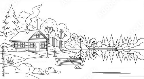 Log cabin by a lake with transparent background