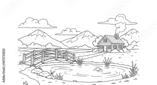 Scenic rural landscape with mountains and pond with transparent background