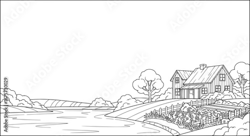 Rural landscape with house trees and garden with transparent background