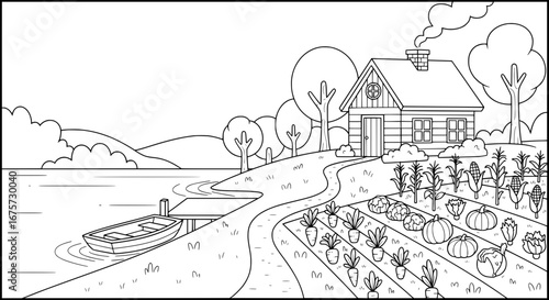 House with garden and trees with transparent background